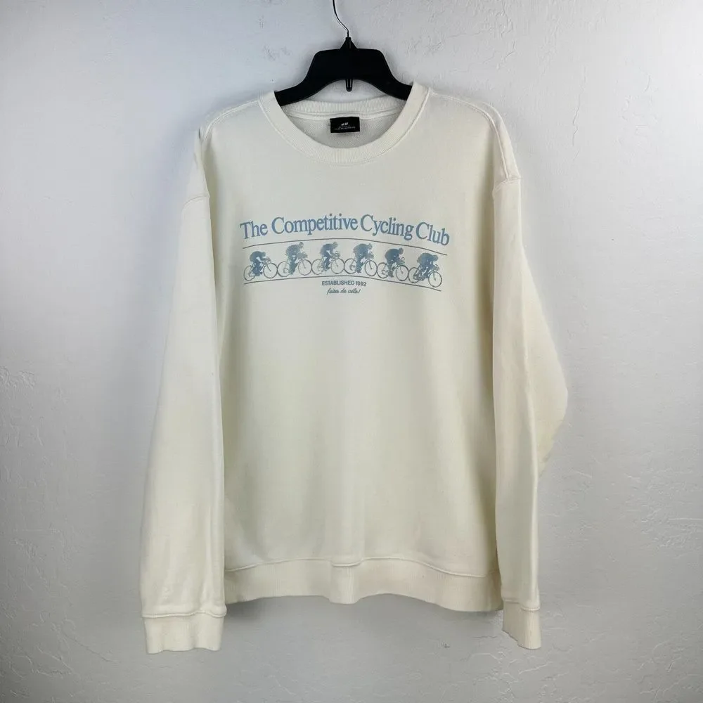 H&M Sweatshirt Mens XL White Blue Cycling Club Crew Neck Long Sleeve Relaxed Fit